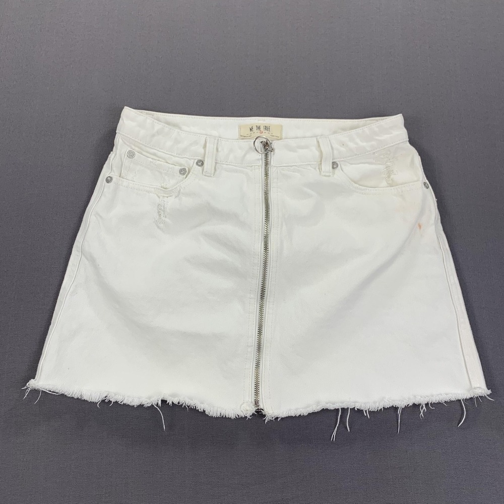 We The Free Denim Skirt Womens 28 White Zip Front Raw Hem Mini A-Line Frayed